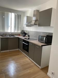 a kitchen with gray cabinets and a stove top oven at Le Repaire Urbain - 8 voyageurs in Orléans +14 photos