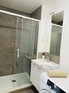 a bathroom with a shower and a sink at Le Repaire Urbain - 8 voyageurs in Orléans