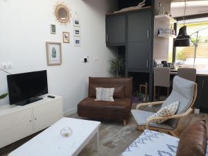 a living room with a couch chair and a tv at L'Atelier in Auxerre