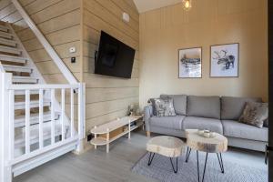 a living room with a couch and a tv at Raanakka by Hi Ylläs in Äkäslompolo