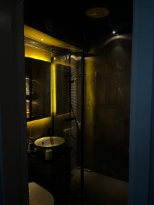 a bathroom with a sink and a shower at Chic Compact Apartment in Oulu