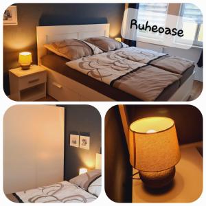 two pictures of a bedroom with a bed and a lamp at Ferienwohnung Helene in Gotha