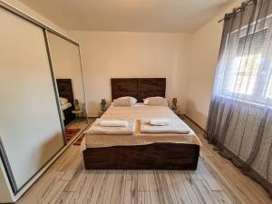 a bedroom with two beds and a large mirror at Nikola,Villa Vuletic in Neum