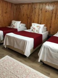 three beds in a room with wooden walls at Guesthouse Dolunay in Ayder Yaylasi