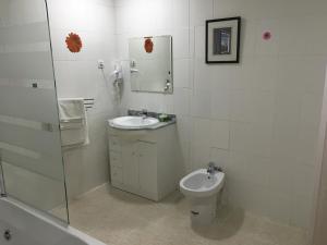 a bathroom with a sink and a toilet and a shower at Hostal Tres Cantos in Tres Cantos