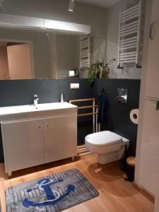 Un baño con un lavabo blanco y un inodoro. en Apartament Blu Mare Pogorzelica, en Pogorzelica