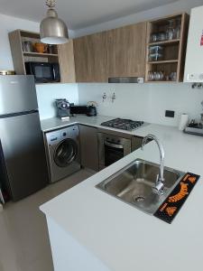 eine Küche mit Spüle und Kühlschrank in der Unterkunft Despertar Frente al Mar in Puerto Madryn