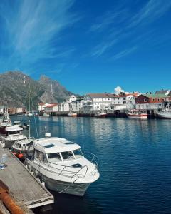 a boat is docked at a dock in the water at Panoramic views in Henningsvær in Henningsvær