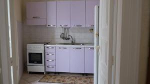 a kitchen with purple cabinets and a sink at Barbahouse in Monte SantʼAngelo