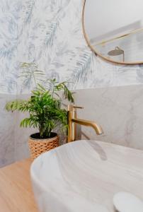 a bathroom with a sink and a mirror and a plant at Domki nad Krasnem in Krasne +32 photos