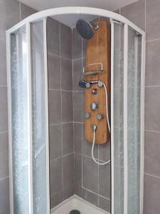 y baño con ducha y tabla de madera. en 2 pièces Ecueillé, 20mn ZooBeauval, en Écueillé