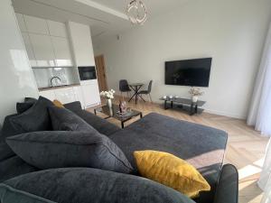 a living room with a couch and a tv at Horizon Park 33 Boszkowo in Boszkowo