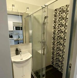 バラトンフゥルドヴァールにあるGOLDHOME Apartmanの洗面台とガラスのシャワーを備えたバスルーム