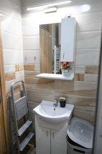 a bathroom with a sink and a mirror at Hanan Apartmani in Novi Pazar