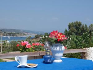 a blue table with a vase with flowers and a pair of shoes at Villa Iris Studios in Ormos Panagias