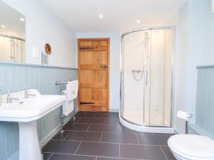 un bagno con doccia, lavandino e WC di Ysgubor Pwlliago a Pennant-Melangell Altre 39 foto