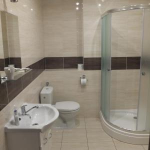 een badkamer met een toilet, een wastafel en een douche bij Pod Trzynastką in Sandomierz