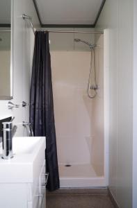 a bathroom with a shower and a white sink at Manjimup Gateway Hotel in Manjimup