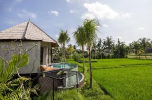 a resort with a swimming pool next to a field at thewakanda Resort A Pramana Experience in Ubud