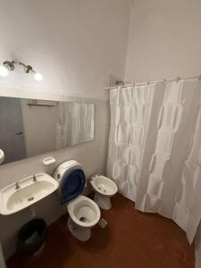 a bathroom with a sink and a toilet and a mirror at Departamento en Salta Capital in Salta +24 photos