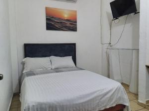 um quarto com uma cama em um quarto em Barato y cómodo excelete ubicación Delfines em Manzanillo