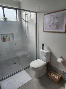 a bathroom with a toilet and a glass shower at The Retreat Modern Cosy Stylish in Holmesville