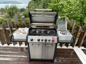 a barbecue grill sitting on a wooden deck at Venez Chez Vous La Maison Bleue in Sévrier