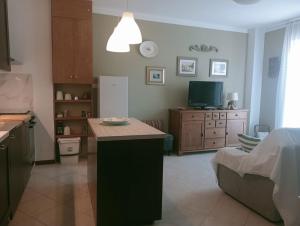 a kitchen with a counter and a tv in a room at CASA L'UNICORNO con giardino privato in Levanto