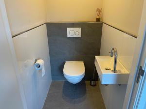 a small bathroom with a toilet and a sink at Familie appartement Katwijk aan zee 1 in Katwijk aan Zee +12 photos