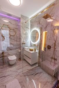 ein Badezimmer mit Waschbecken, Toilette und Dusche in der Unterkunft Hanza King Apartament 1 and SPA in Stettin