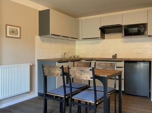 a kitchen with two chairs and a table in it at Ferienwohnungen Lily, Bärwalder See, Ferienwohnung "LAUSITZ" in Boxberg