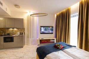 a kitchen and a bedroom with a bed in a room at Hanza King Apartament 2 and SPA in Szczecin