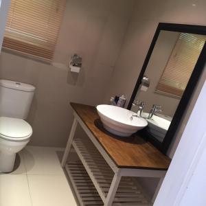 Un baño con lavabo, inodoro y espejo. en Sharwood Place, en Port Elizabeth