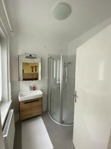 a white bathroom with a shower and a sink at Wohnen auf der Sonnenseite in Gloggnitz