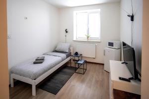 a small bedroom with a bed and a window at Apartmány Stdaniela in Bohumín