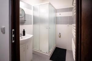a white bathroom with a shower and a sink at Apartmány Stdaniela in Bohumín