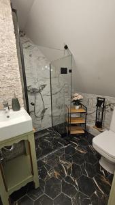 Un baño con ducha, lavabo e inodoro. en Casa cu Moara, en Râșca 12 fotos más