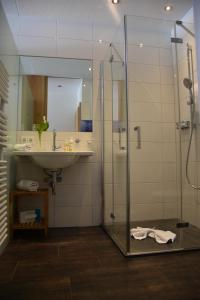 a bathroom with a glass shower and a sink at Gasthof Hirschen in Sibratsgfäll