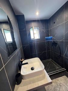 a bathroom with a tub and a shower with a sink at Casa Tofalvi in Sovata