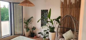 una stanza con piante e una sedia e una finestra di Duplex balneo cosy proche CDG et Stade de France a La Courneuve