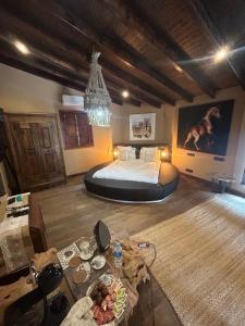 a bedroom with a bed and a chandelier at Cortijo Boutique Marbella in Marbella