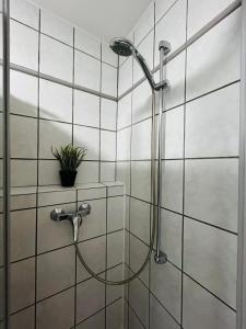 une douche avec un tuyau dans une salle de bain dans l'établissement Osnabrücker Strasse Wooon 6 I Teams I 3-Zimmer I WLAN I P, à Ibbenbüren