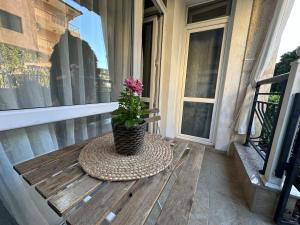 eine Topfpflanze auf einem Tisch auf einer Veranda in der Unterkunft Apartment in Sveti Vlas in Sweti Wlas