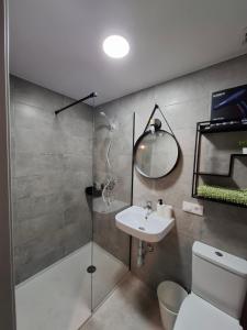 un bagno con doccia, lavandino e WC di Plaza de España a La Carlota Altre 59 foto