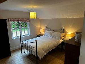 a bedroom with a bed and two lamps and a window at Nature lovers retreat - New Forest in Ibsley