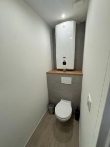 Un pequeño baño con inodoro y espejo. en Villa LARRIEU, en Toulouse 1 foto más