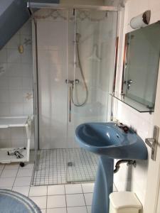 La salle de bains est pourvue d'un lavabo bleu et d'une douche. dans l'établissement Gîte Sonnenberg, à Ammerschwihr