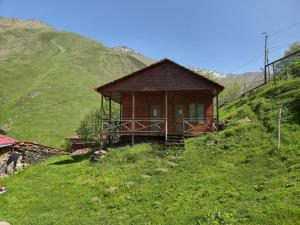 a small cabin on a hill with a green hillside at B & B Juta in Kazbegi