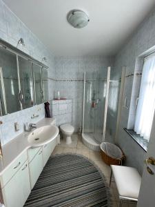a bathroom with a sink and a toilet and a shower at Egon in Neuruppin +39 photos