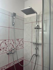 a shower with a shower head in a bathroom at Casa Primaverii in Râşnov +12 photos